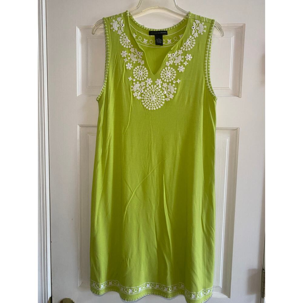 Grace Elements Women’s Sz M Green White Embroidered V-Neck Sleeveless Dress